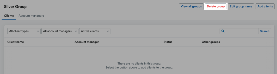 ‘Delete group’ button highlighted at top of group page.