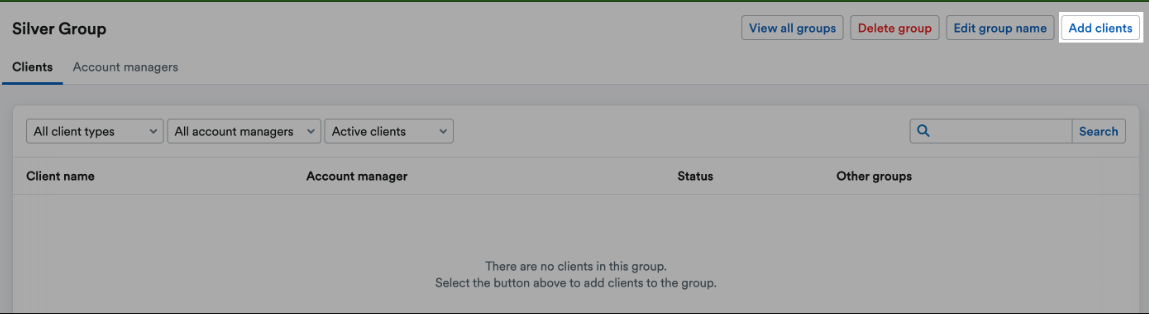 ‘Add clients’ button highlighted at top on new Group page.