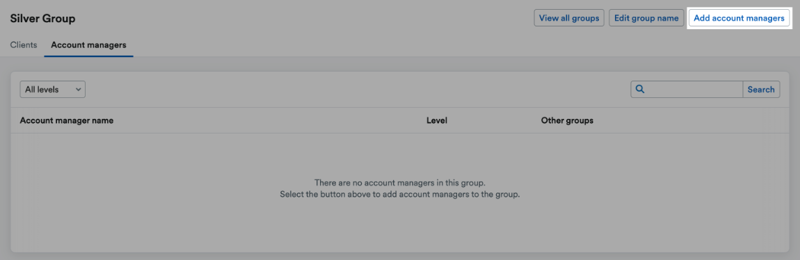 ‘Add account managers’ button highlighted at top of group page.