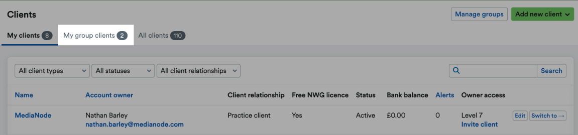 My group clients tab highlighted within Clients area.