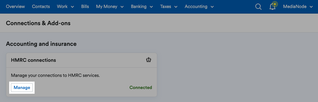 manage button highlighted in HMRC connections section