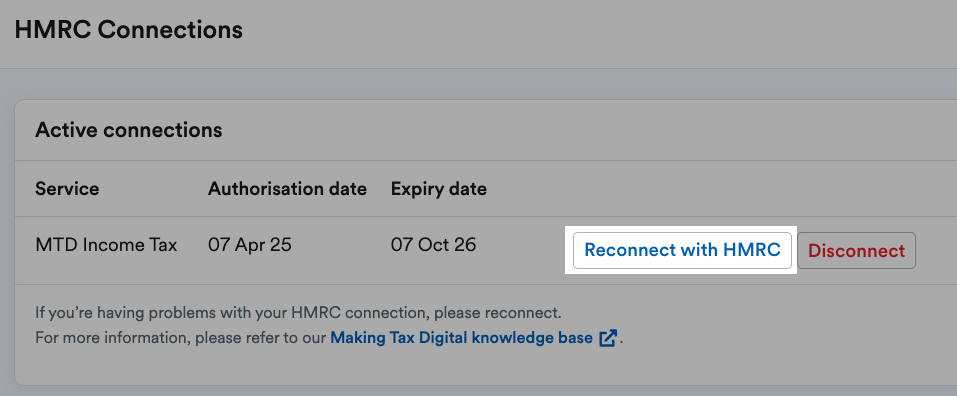 HMRC Connections page with Reconnect with HMRC button highlighted