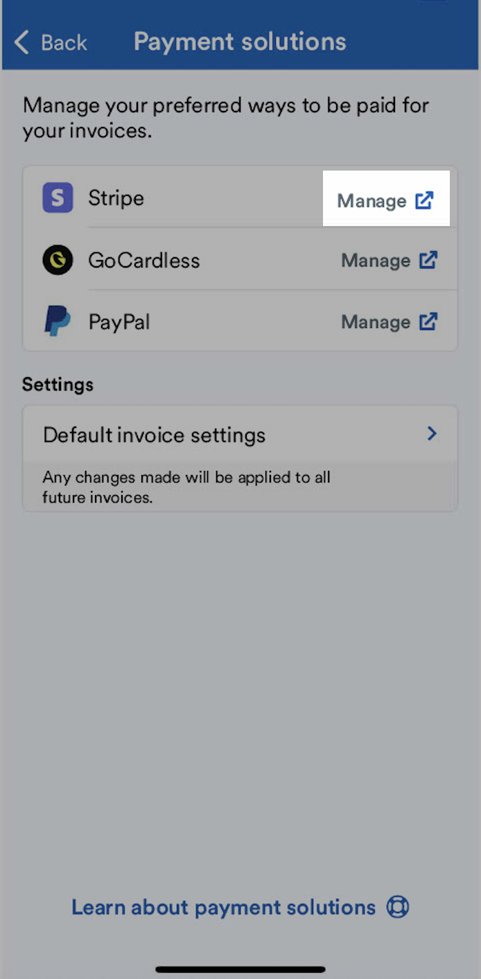Manage highlighted for Stripe on the Payment solutions screen
