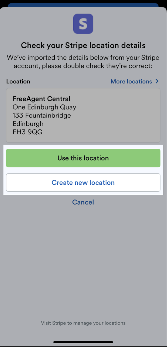 'Check your Striple location details' page with options to use existing location, or create new one.