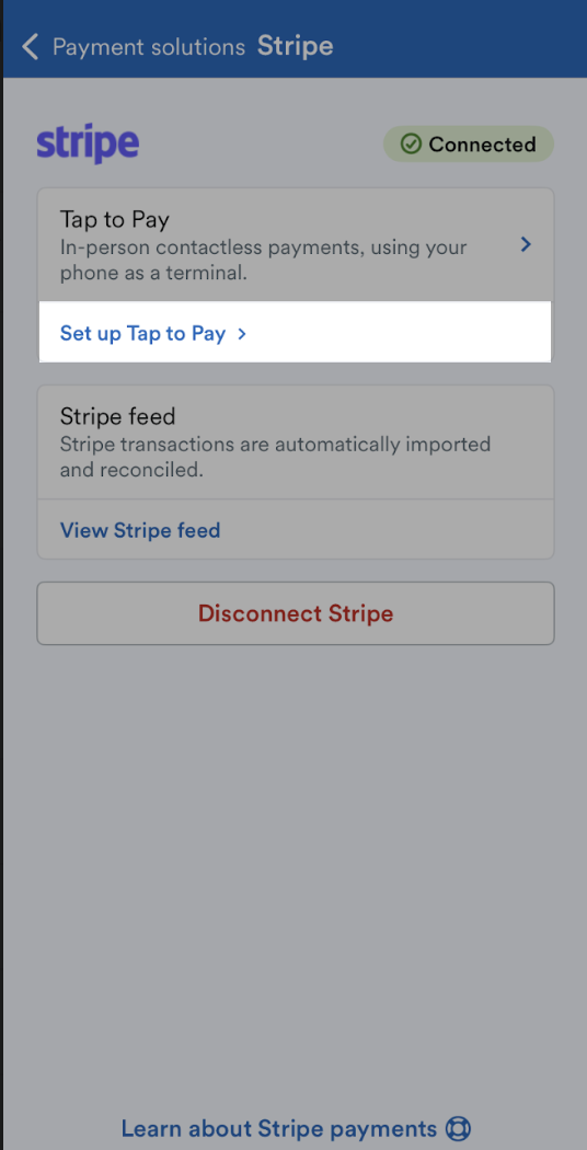 St up Tap to Pay on the Stripe screen