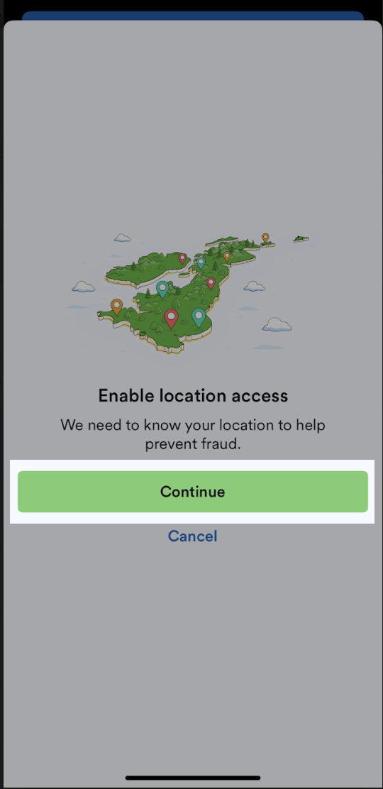 Enable location access page with 'Continue' button.