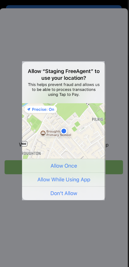 Pop up window with options to allow FreeAgent to use device location while using the app, always, or never.