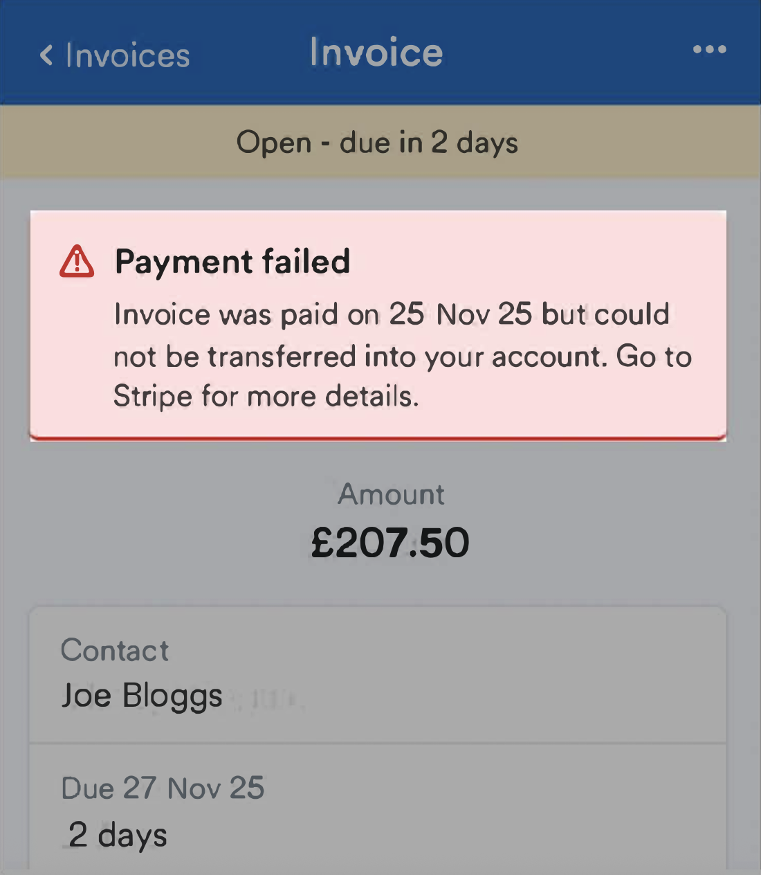 Invoice saying 'Payment failed'.