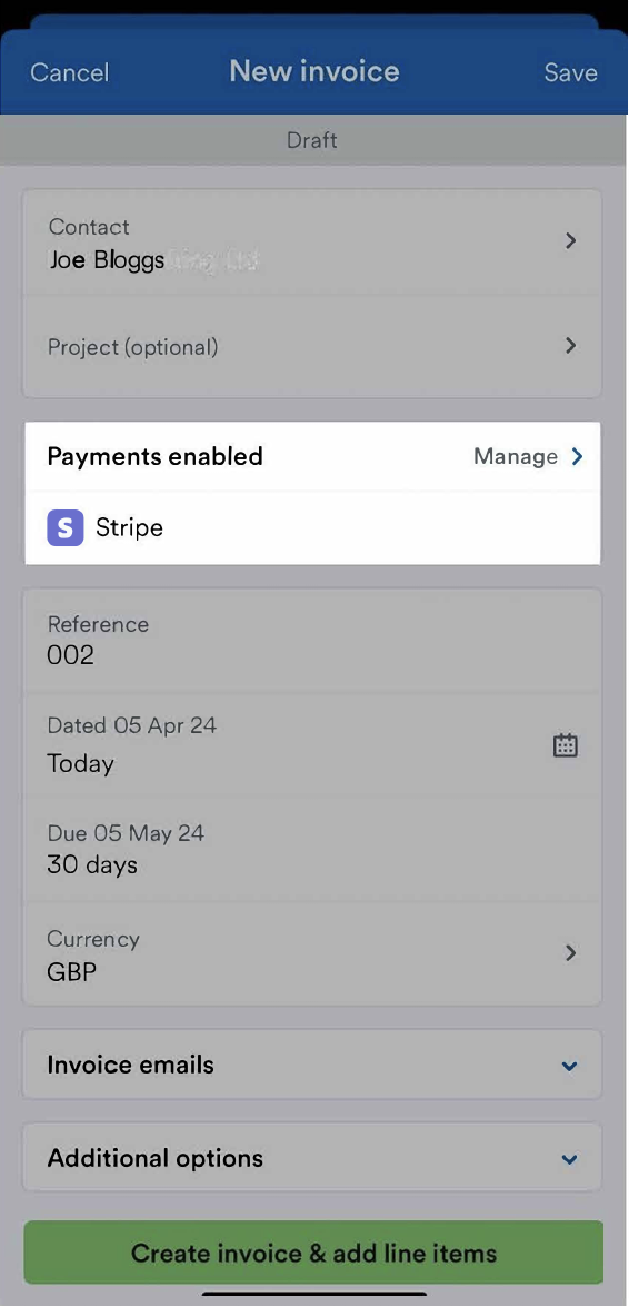 'Stripe' highlighted in Payments enabled section.