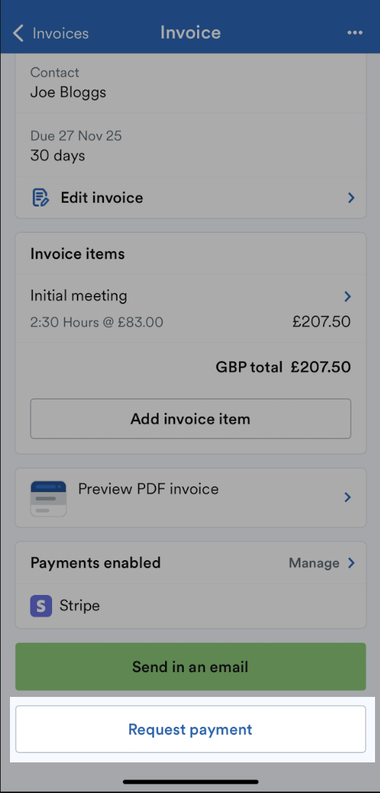 'Request payment' button highlighted at bottom of screen.