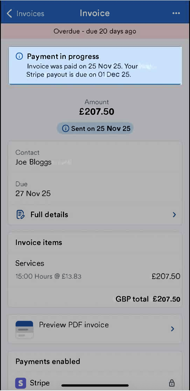 Invoice saying 'Payment in progress'.