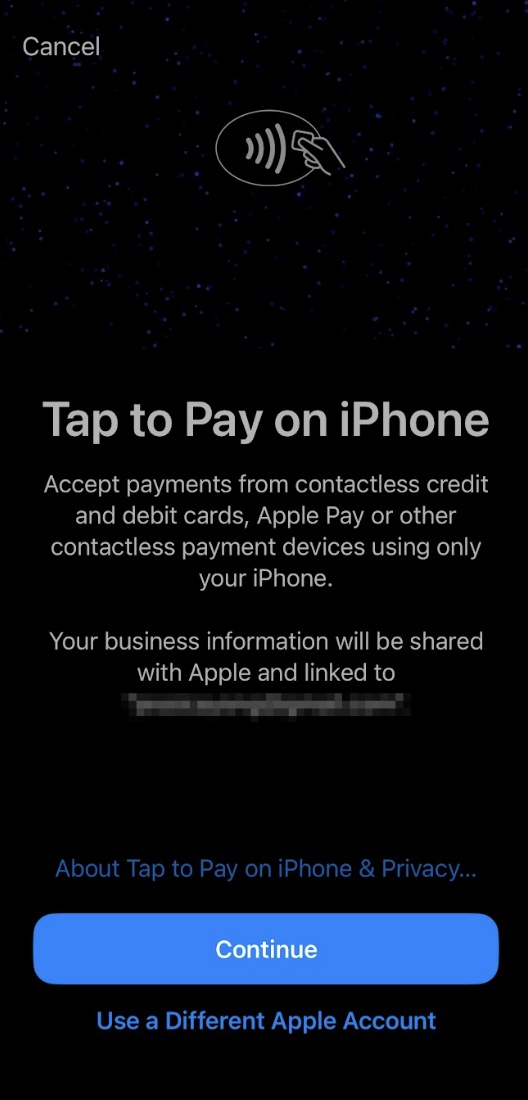 Continue with this Apple ID' button on Tap to Pay on iPhone page