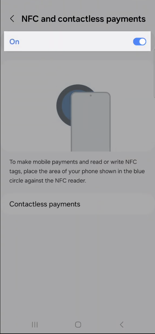 NFC and contactless payments option toggled to on