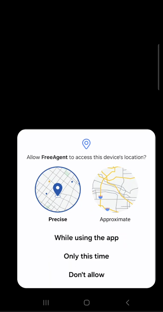Pop up window with options to allow FreeAgent to use device location 