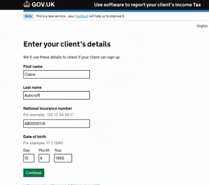 Client's details entered on client sign up page