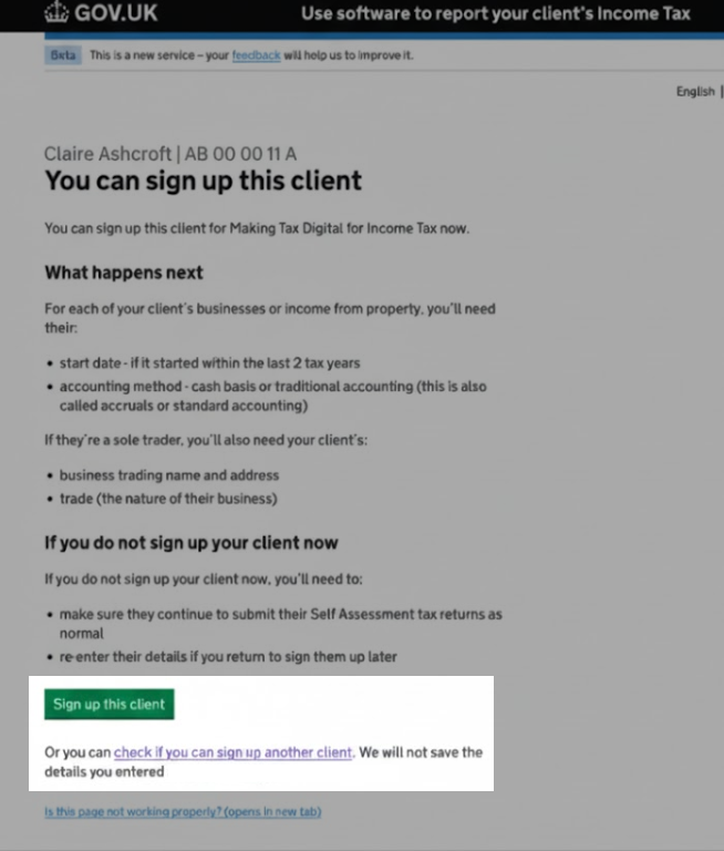 Sign up this client button highlighted