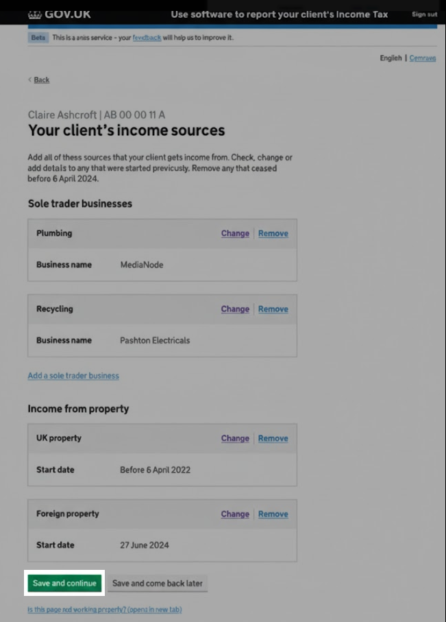 Save and continue button highlighted below the client's income sources