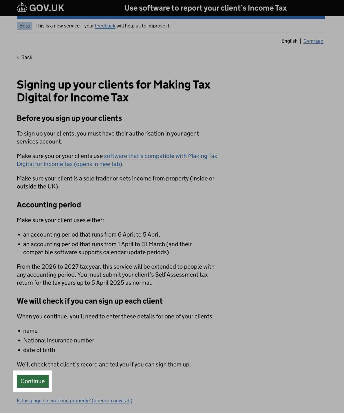 HMRC's MTD for Income Tax client sign up page with Continue highlighted