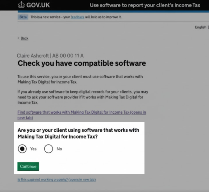 Confirmation that you or your client is using software that works with MTD for Income Tax