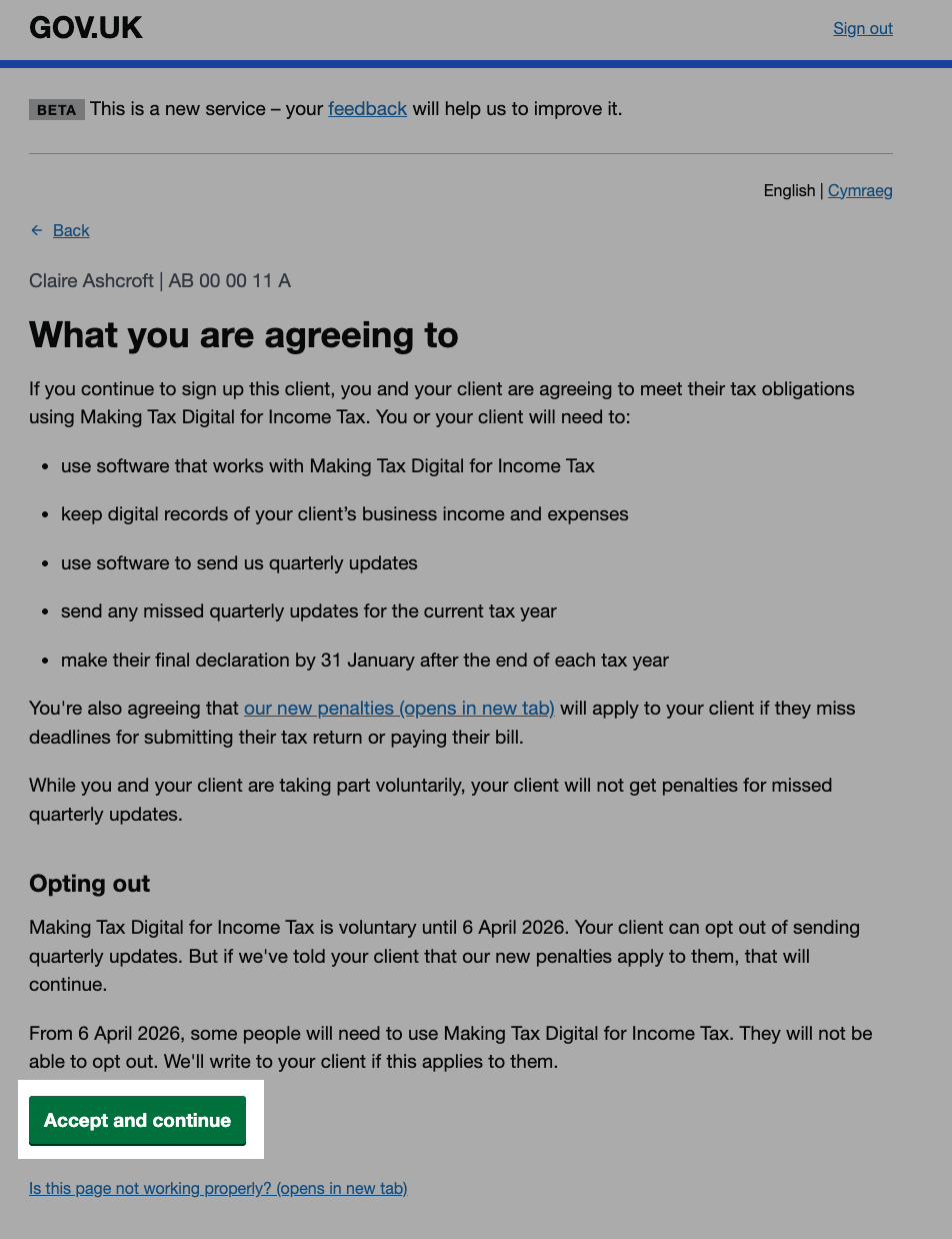 Confirmation of what you're agreeing to by signing the client up for MTD for Income Tax