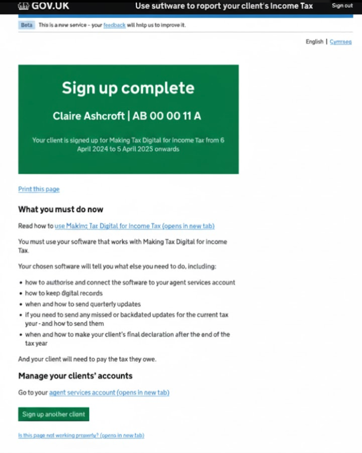 Confirmation that the client has been signed up to MTD for Income Tax