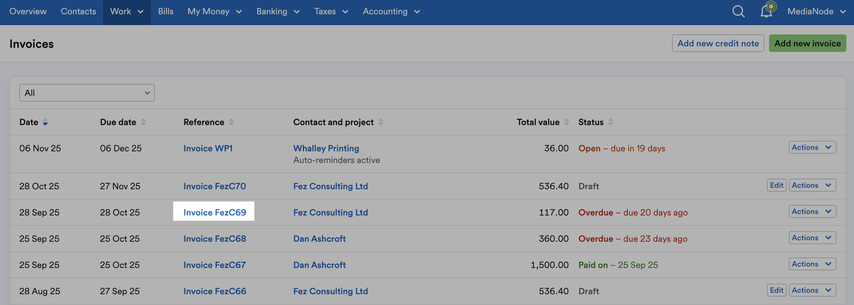 Unpaid invoice highlighted on list of overdue invoices.