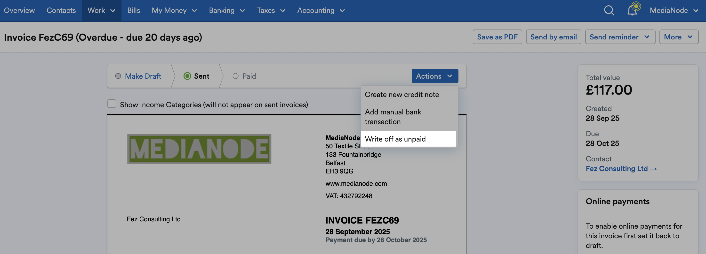 ‘Write off as unpaid’ highlighted on ‘Actions’ drop down menu.