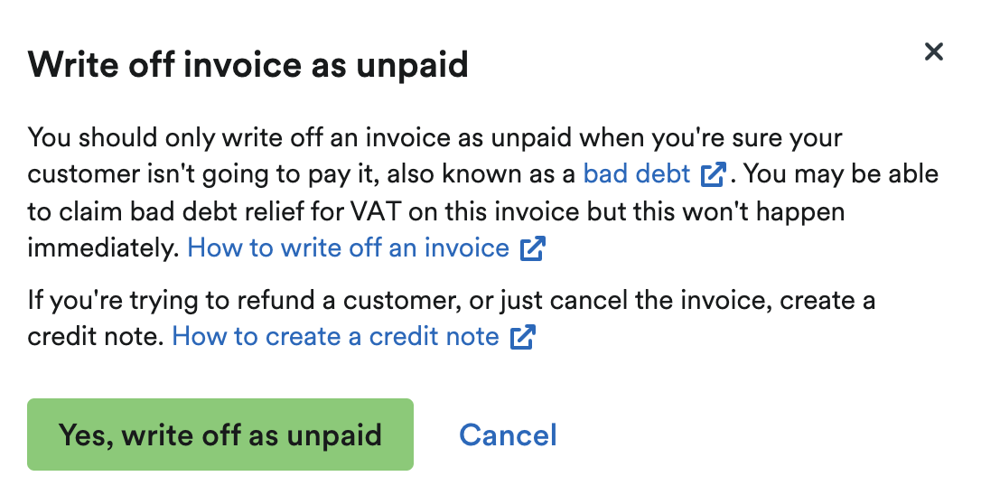 ‘Write off invoice as unpaid’ pop up window.