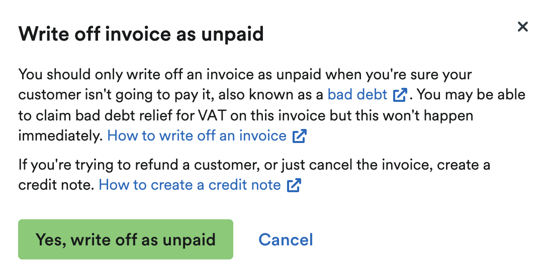 ‘Write off invoice as unpaid’ pop up window.