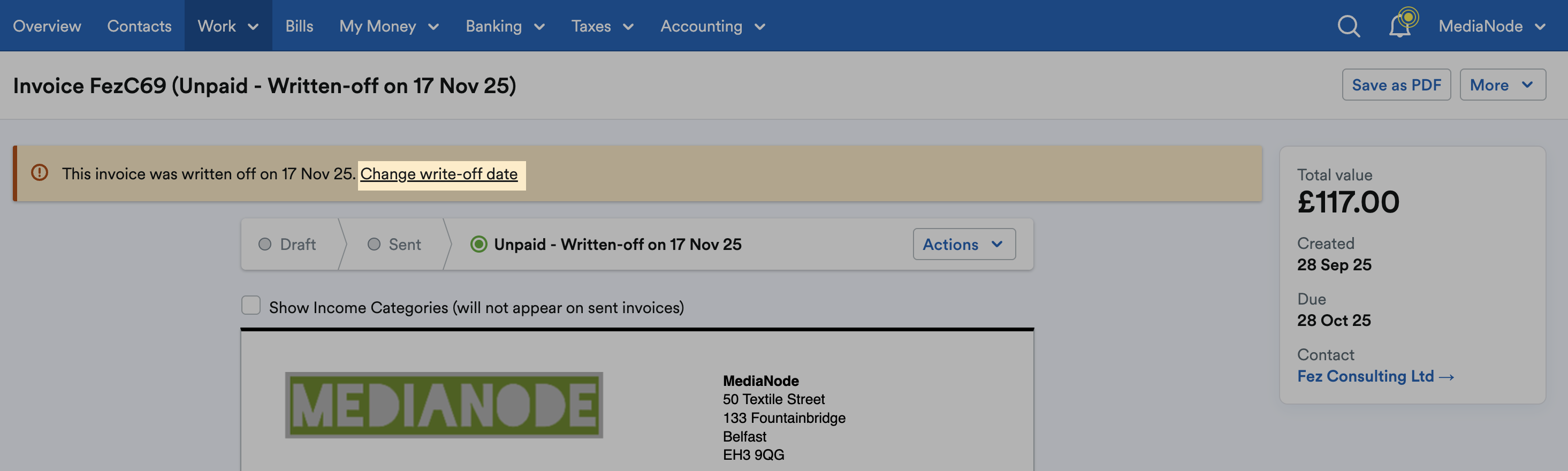 ‘Change write-off date’ link highlighted above the invoice.