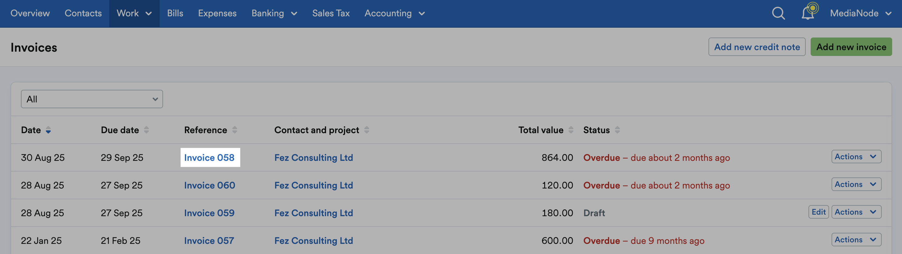 Overdue invoice reference highlighted on list of invoices.