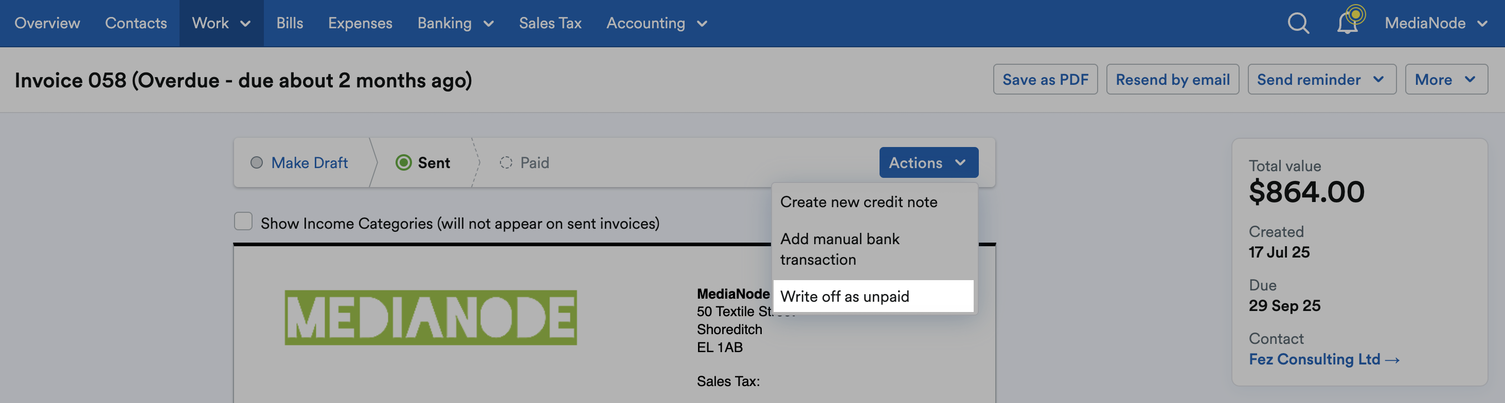 ‘Write off as unpaid’ highlighted on ‘Actions’ drop down menu.