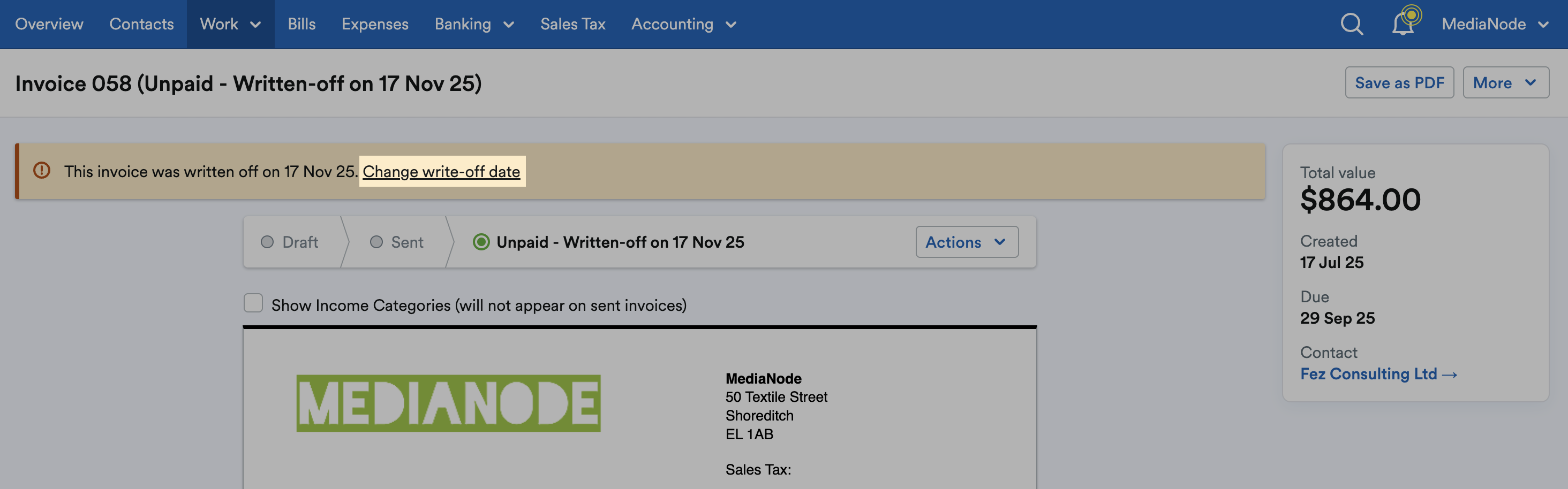 ‘Change write-off date’ link highlighted above the invoice.