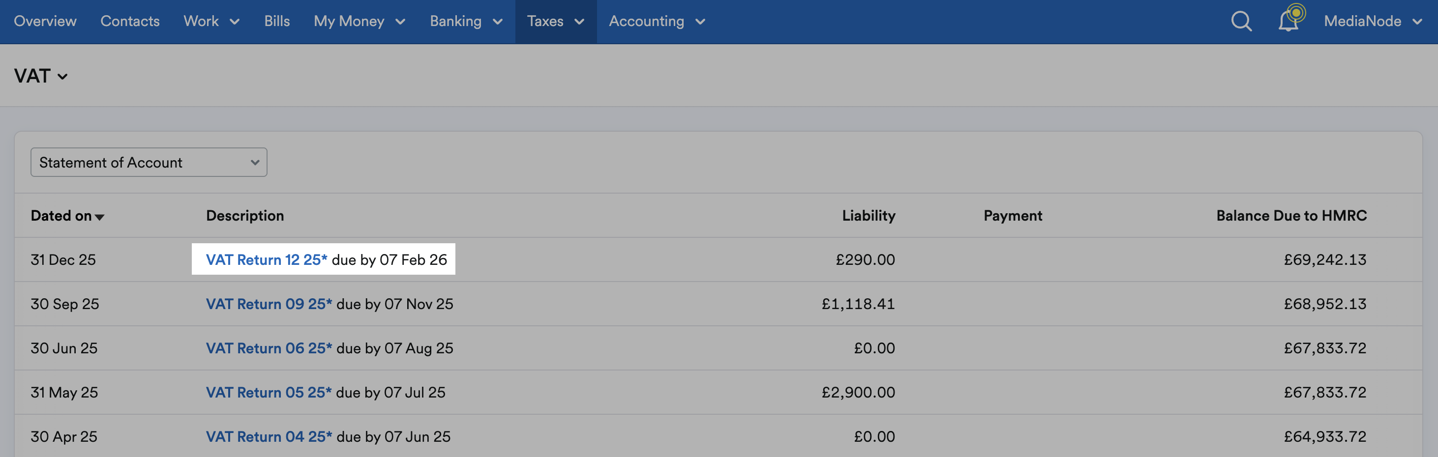 VAT Statement of Account with a VAT return highlighted