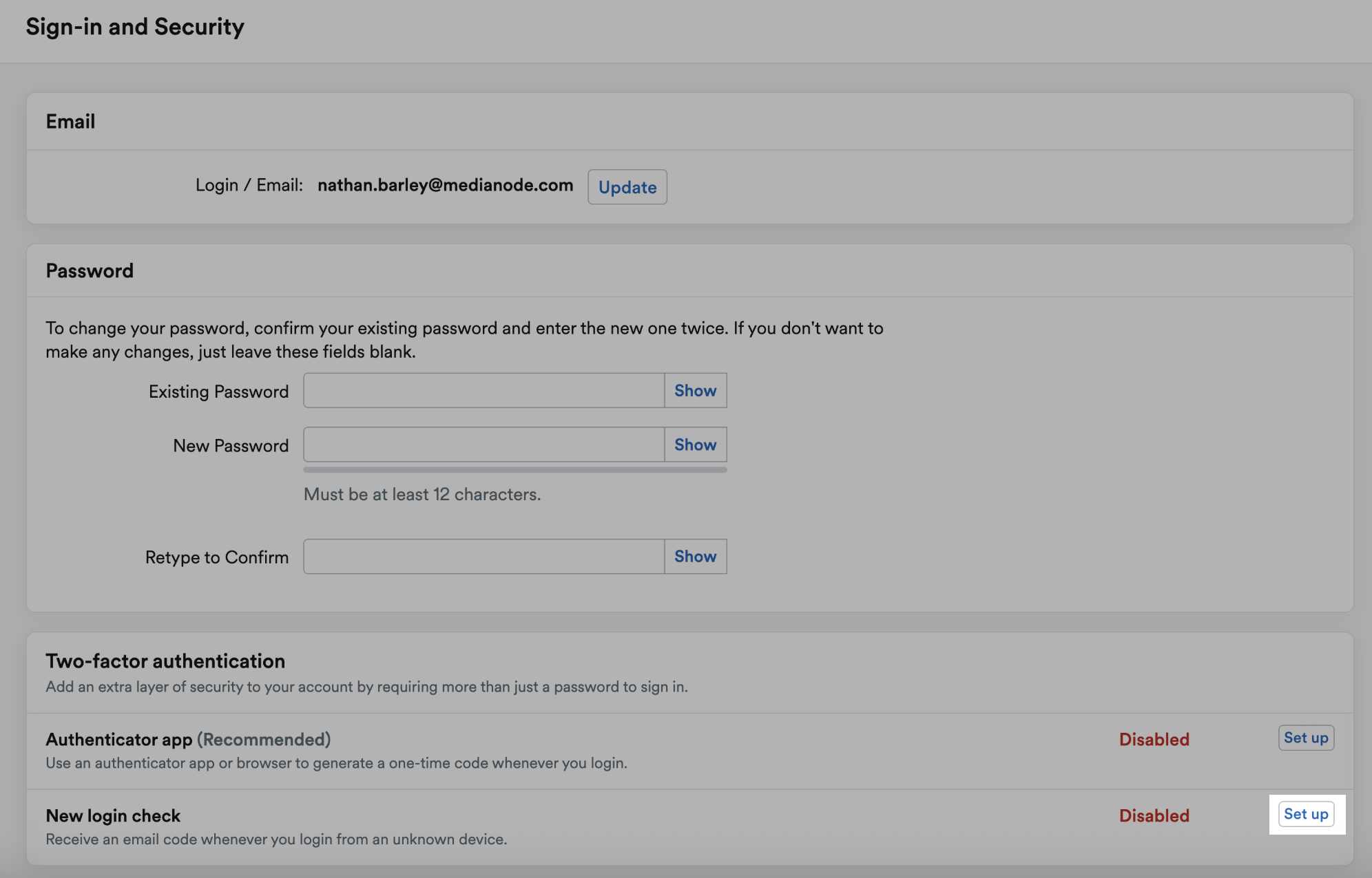 'Set up' button highlighted next to New login check.