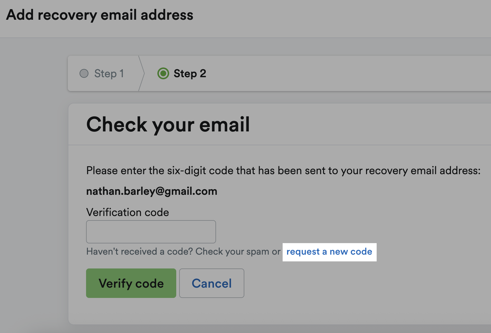 'request a new code' highlighted.