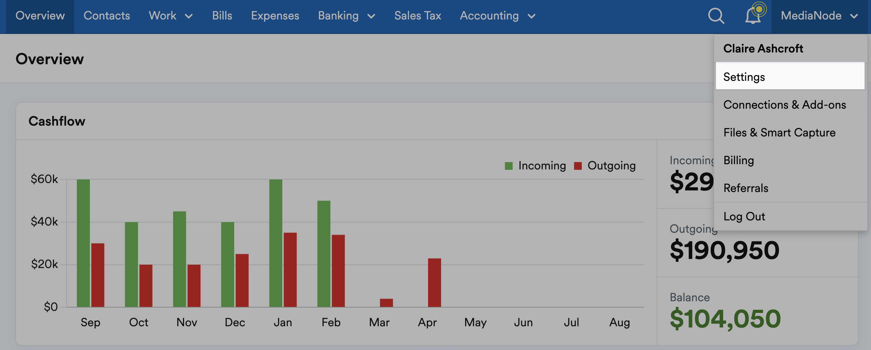 Settings highlighted from the drop-down menu below the business name