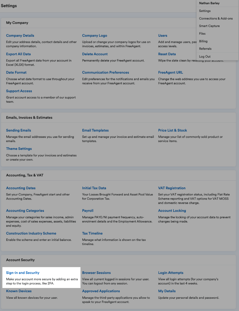 Sign-in an Security highlighted under Account Security on the settings  page.