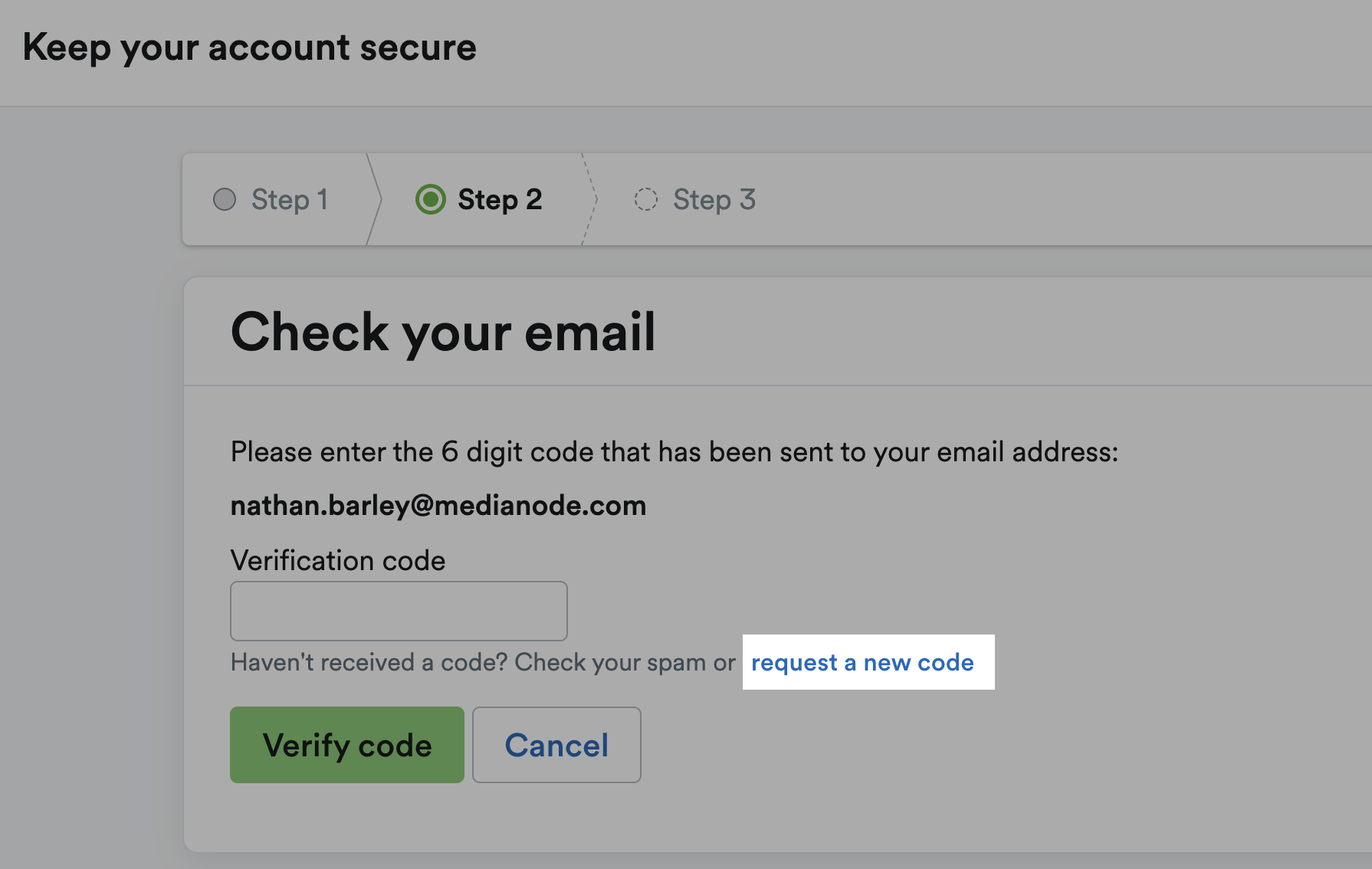 'request a new code' highlighted on 'Check your email' window.