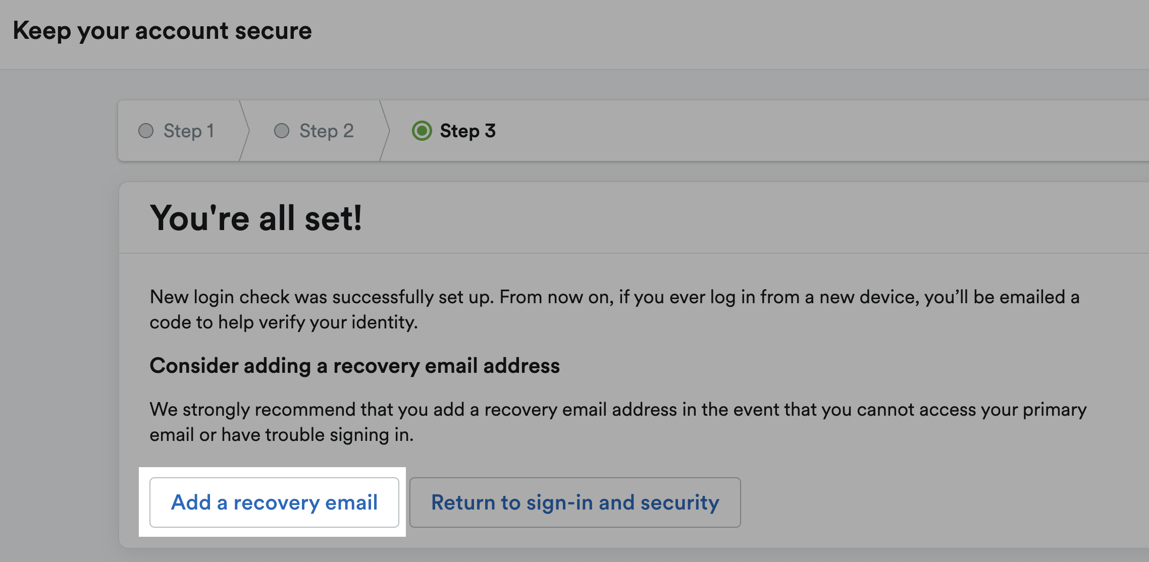 'Add a recovery email' button highlighted.