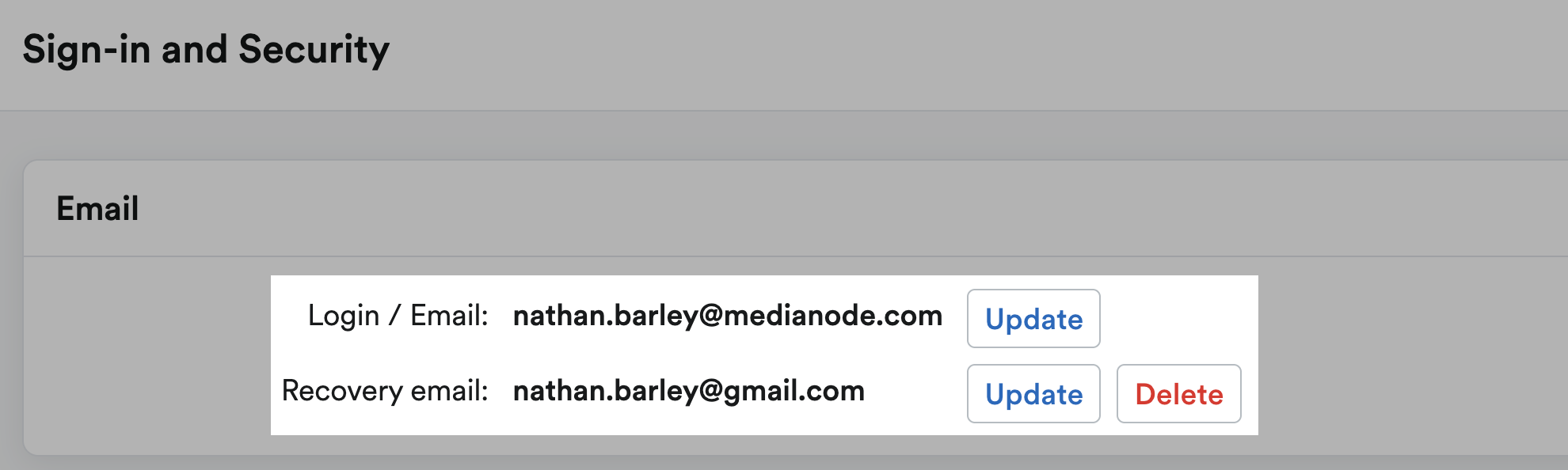 Primary and recovery emails highlighted.