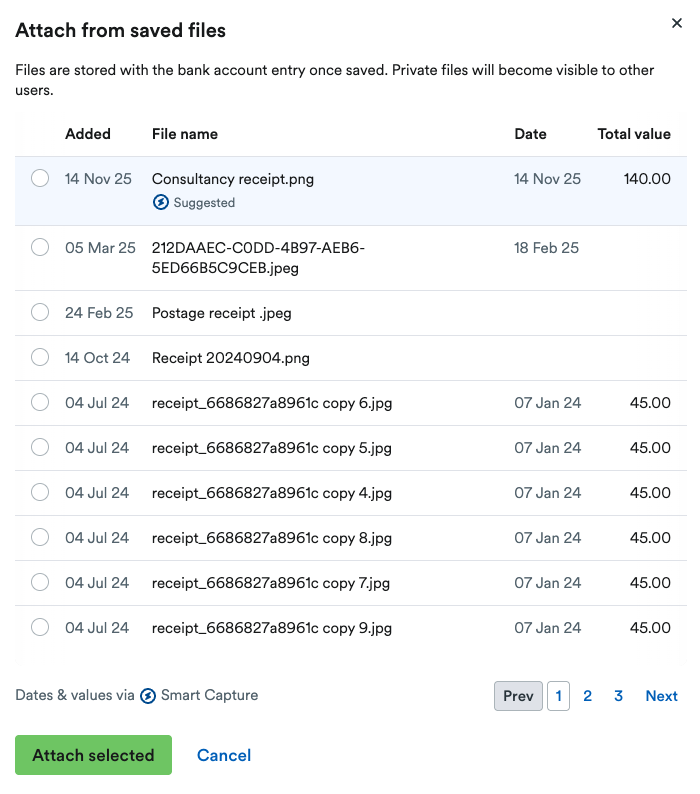 List of files to choose from with Smart Capture suggested file at top.
