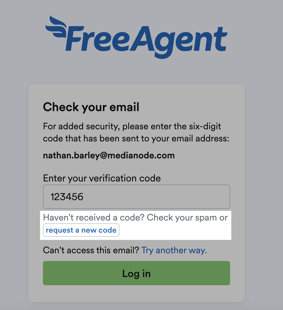 'request a new code' button highlighted.