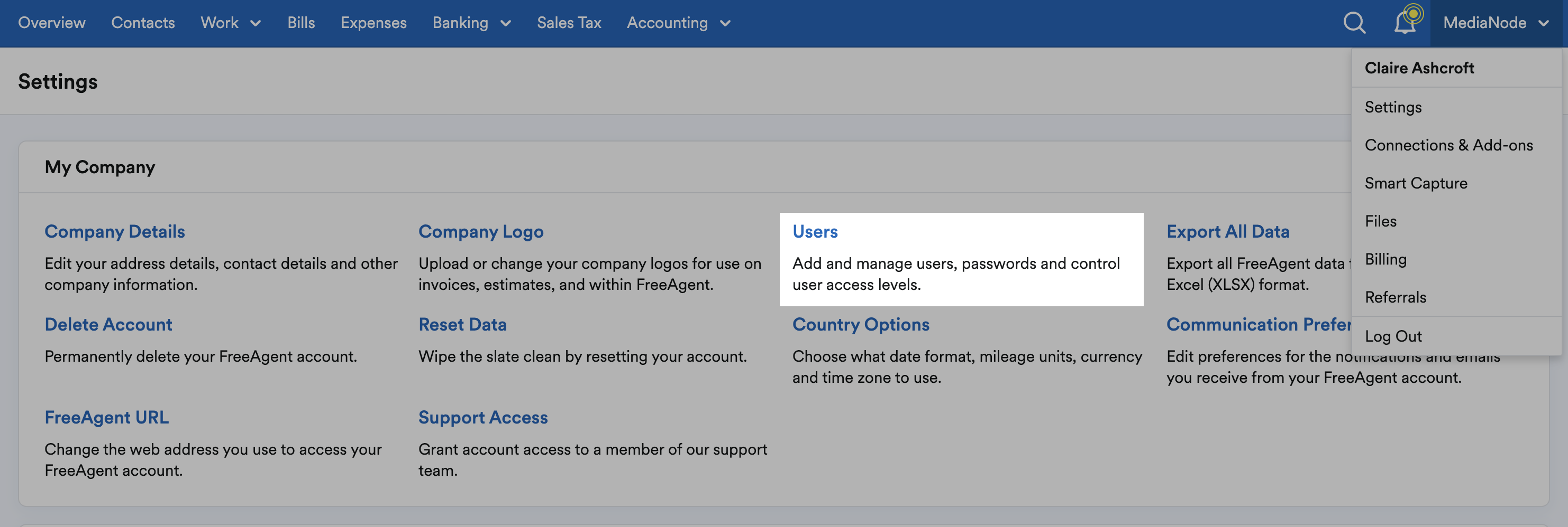 'Users' highlighted under My Company section.