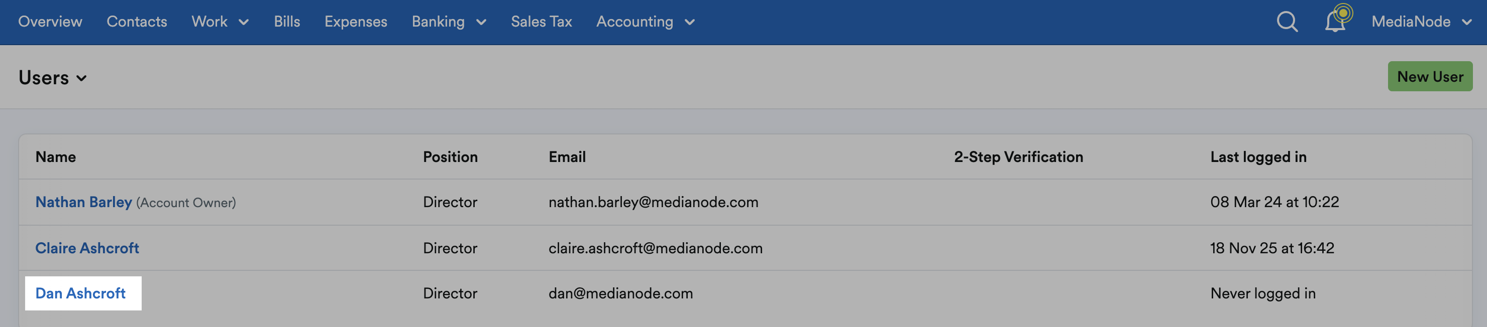User name highlighted on list of Users.