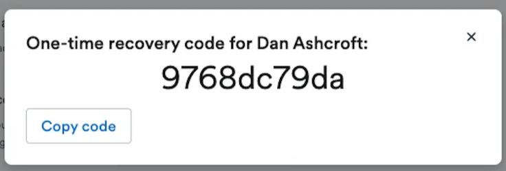 One-time recovery code generated for user.