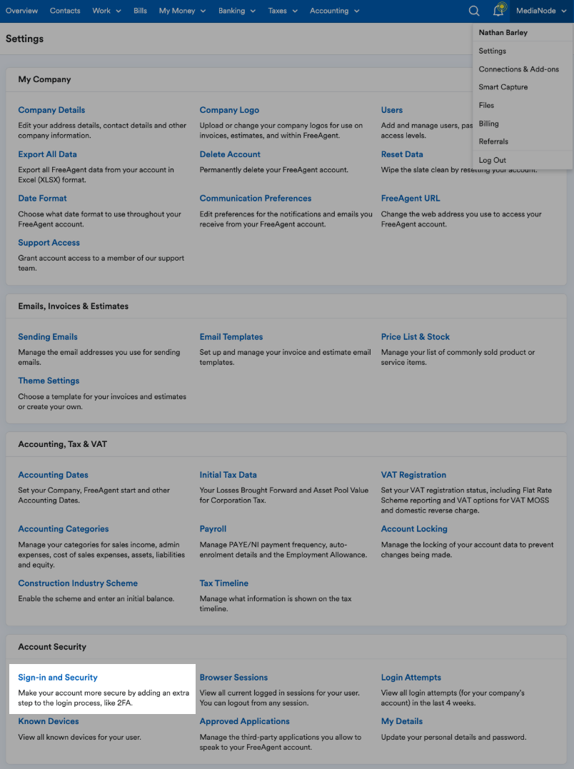 'Sign-in and Security' highlighted under Account Security section of settings page.