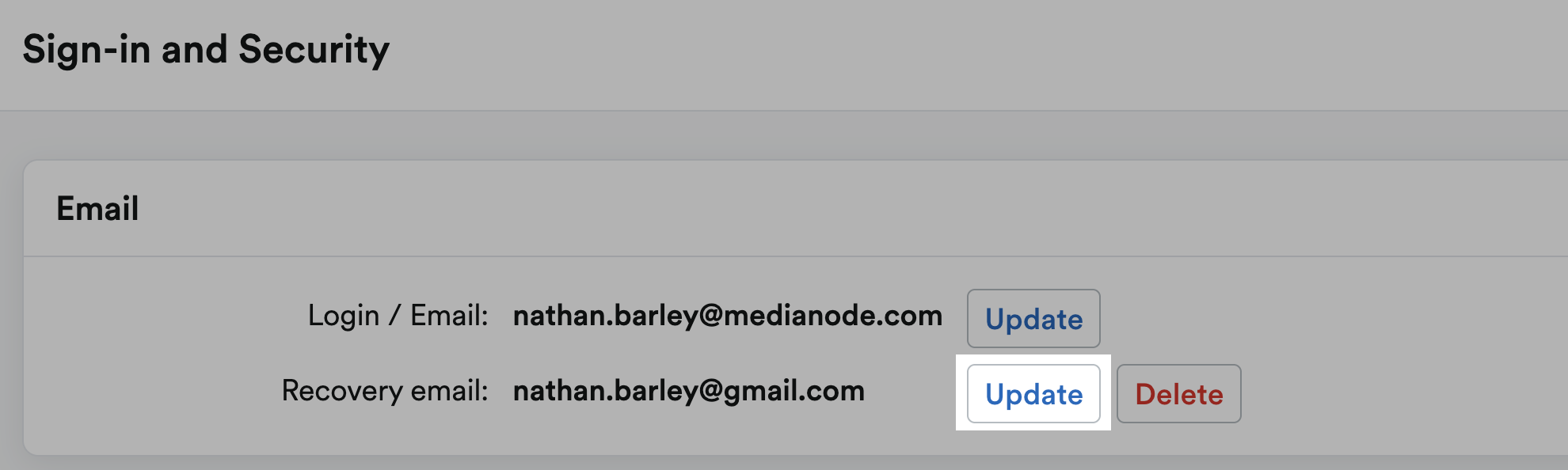 'Update' button highlighted next to Recovery email.
