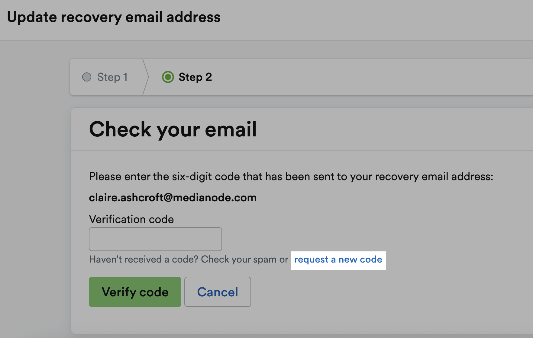 'request a new code' highlighted.