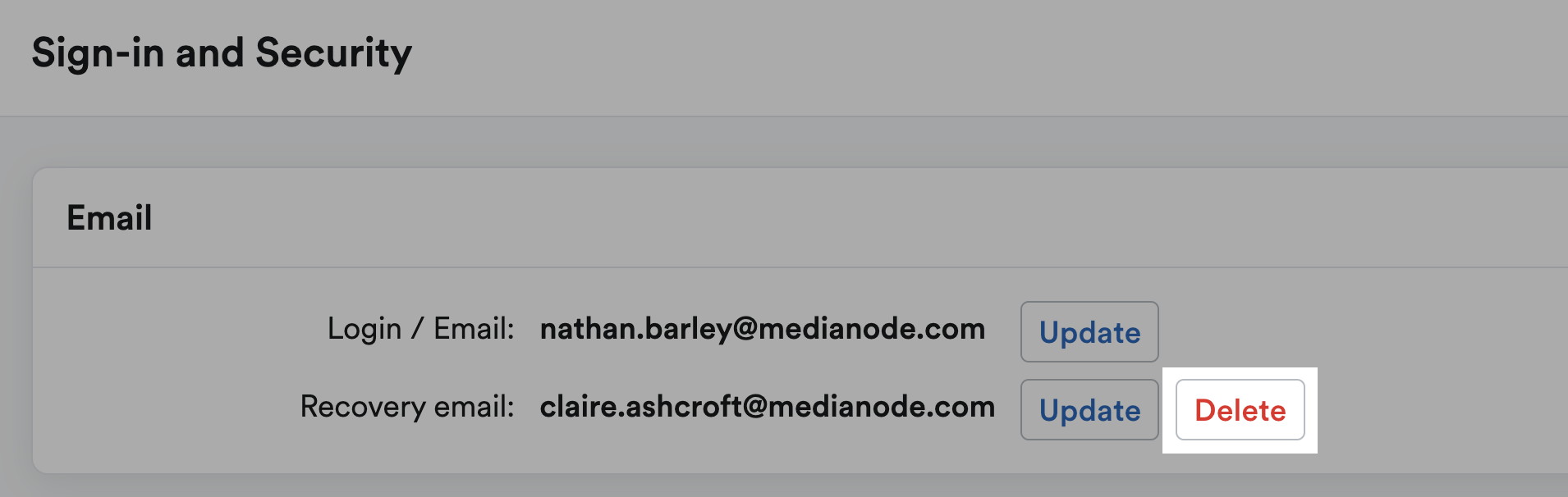 'Delete' button highlighted next to Recovery email.